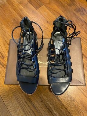 New Franco Sarto Vegan Leather Black Strappy Lace Up Sandals